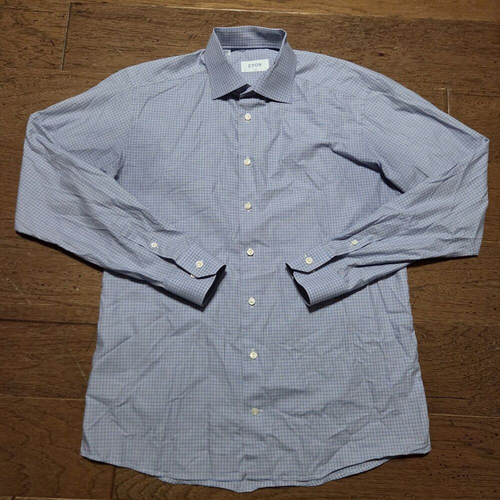 Eton Mens Slim Fit Gingham Check Dress Shirt Blue White 17 43 Long Sleeve Cotton